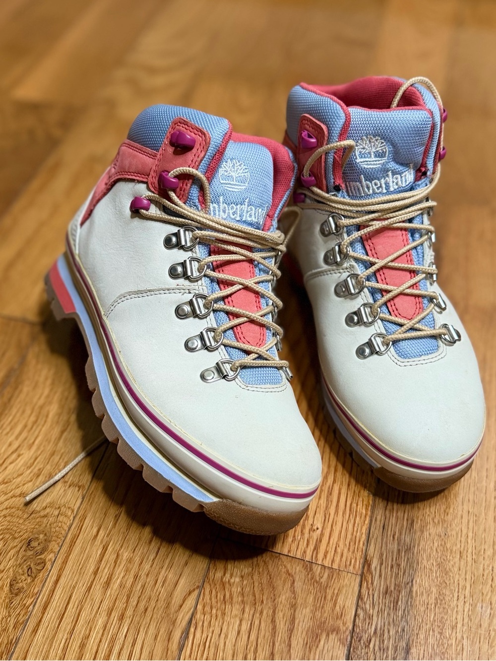 Women’s Size 6.5 TIMBERLAND Euro Hiker Waterproof Boots Bone Coral & Blue Suede